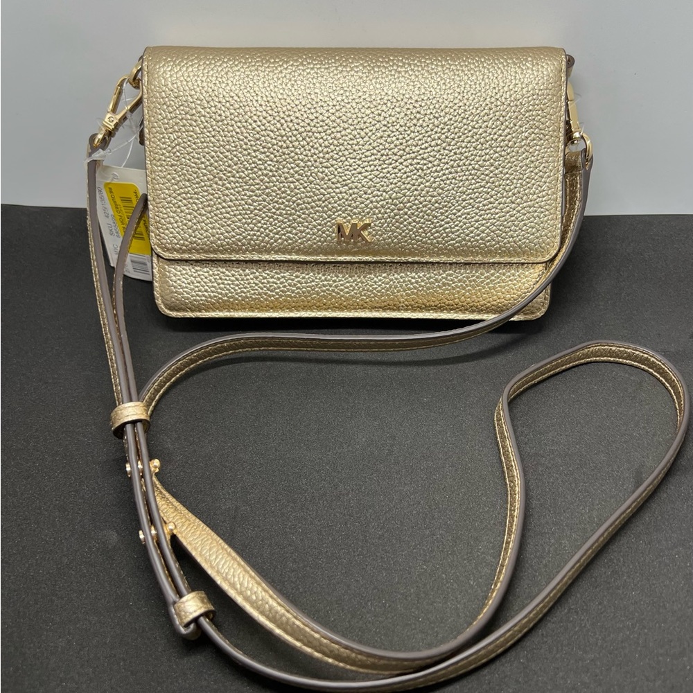 Michael Kors Gold Pebbled Leather Wallet/Phone Case with Strap